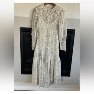 Judith Ann Creations Vintage Ivory Beaded Drop Waist Sheer Dress Small Sequinned